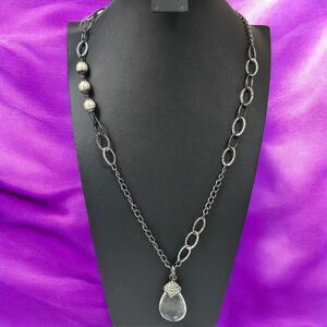 Long Necklace Facted Lucite Teardrop Pendant Faux Pearl Rhinestone Gunmetal Gray